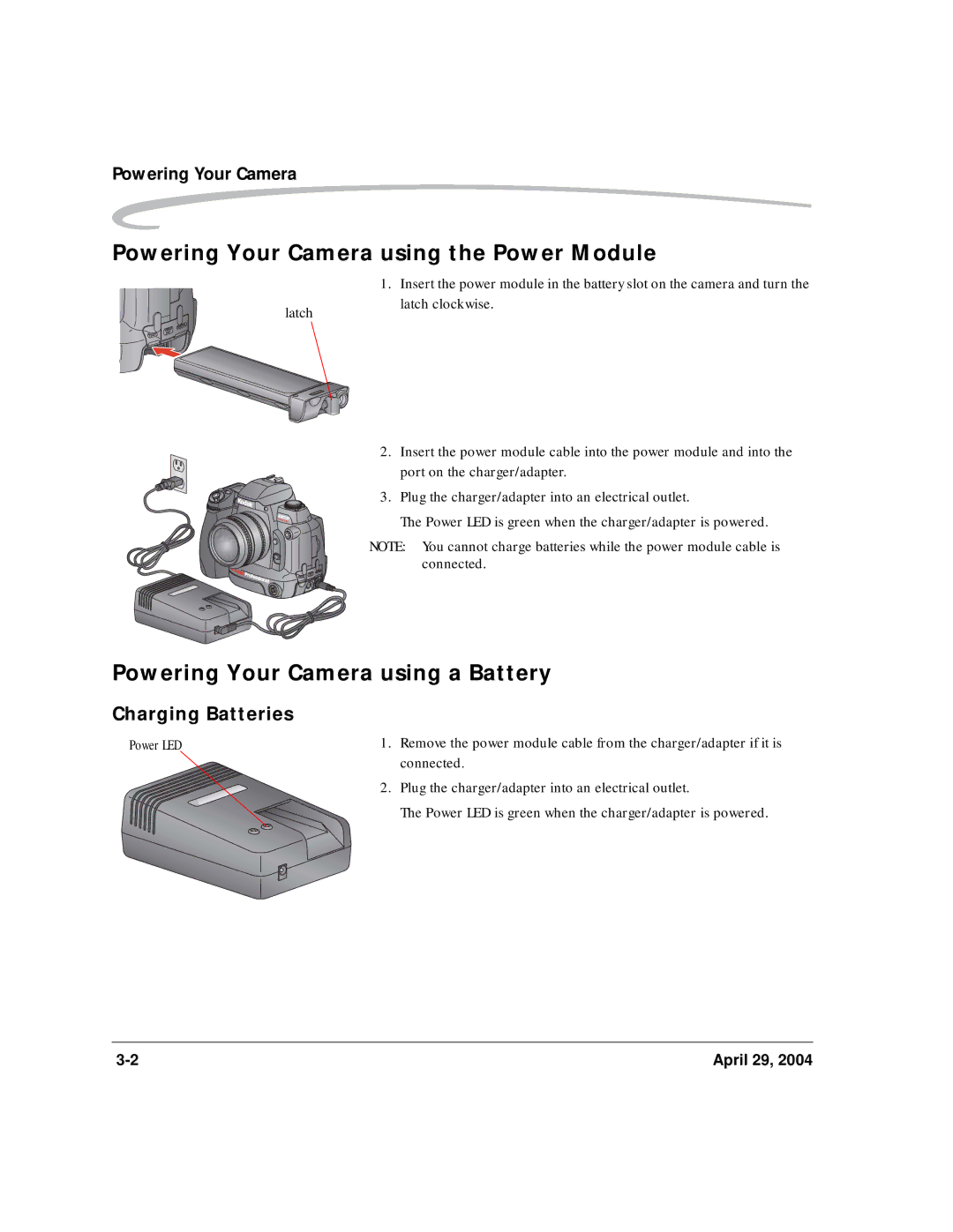 Kodak DCS Pro SLR/n Powering Your Camera using the Power Module, Powering Your Camera using a Battery, Charging Batteries 