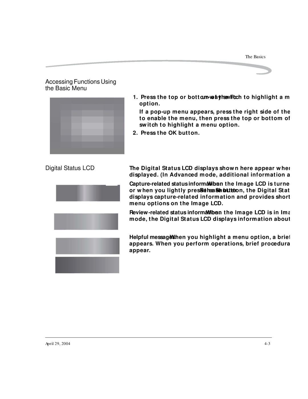 Kodak DCS Pro SLR/n Accessing Functions Using Basic Menu, Displayed. In Advanced mode, additional information appears 