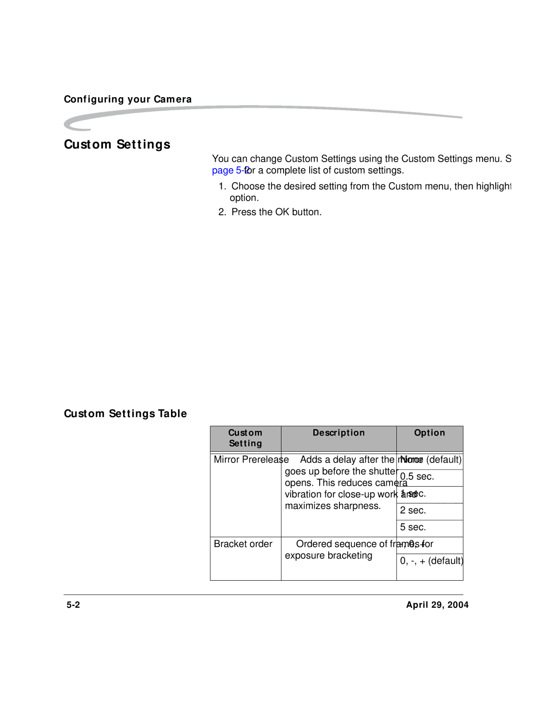 Kodak DCS Pro SLR/n manual Custom Settings Table, Maximizes sharpness Sec Bracket order, Exposure bracketing + default 