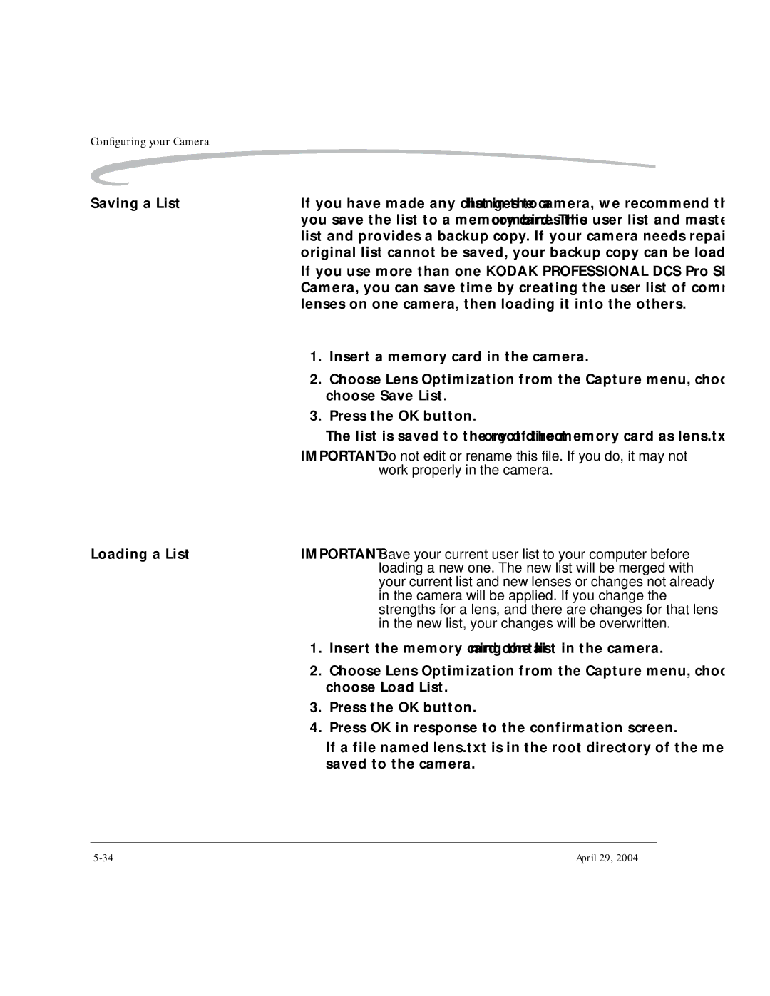 Kodak DCS Pro SLR/n manual Configuring your Camera Saving a List, Loading a List 