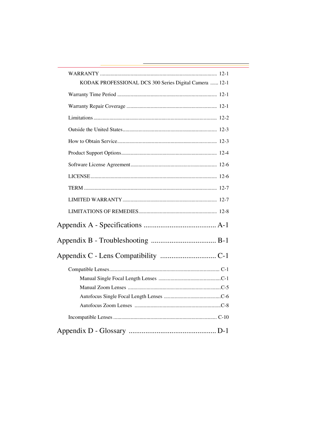 Kodak DCS300 manual Appendix C Lens Compatibility 