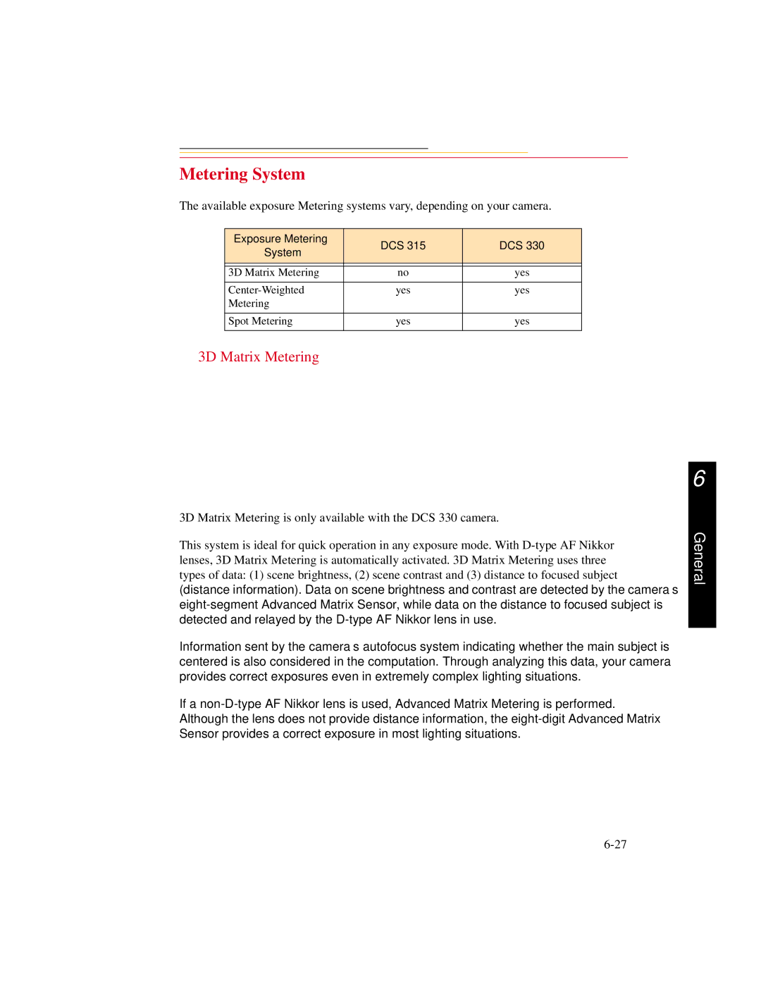 Kodak DCS300 manual Metering System, 3D Matrix Metering 