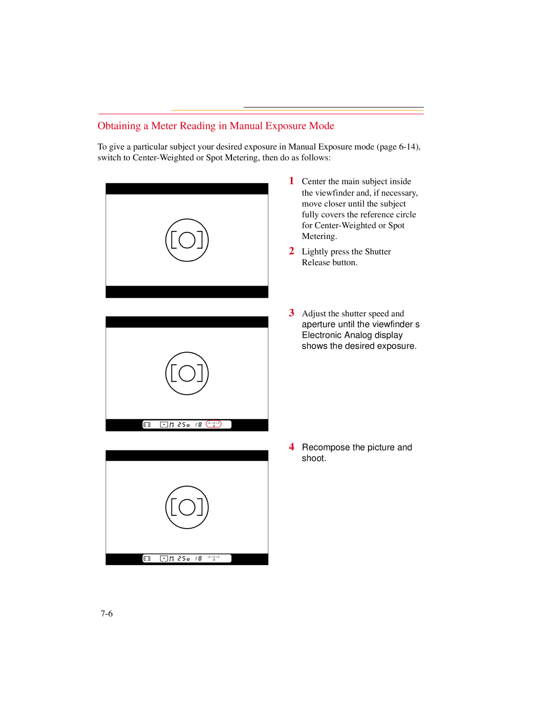 Kodak DCS300 manual Obtaining a Meter Reading in Manual Exposure Mode 