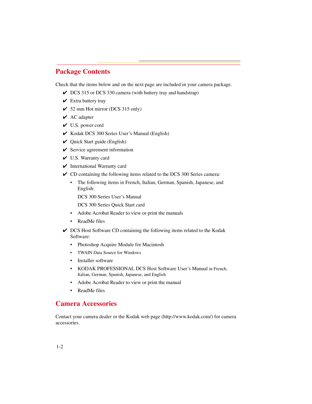 Kodak DCS300 manual Package Contents, Camera Accessories 