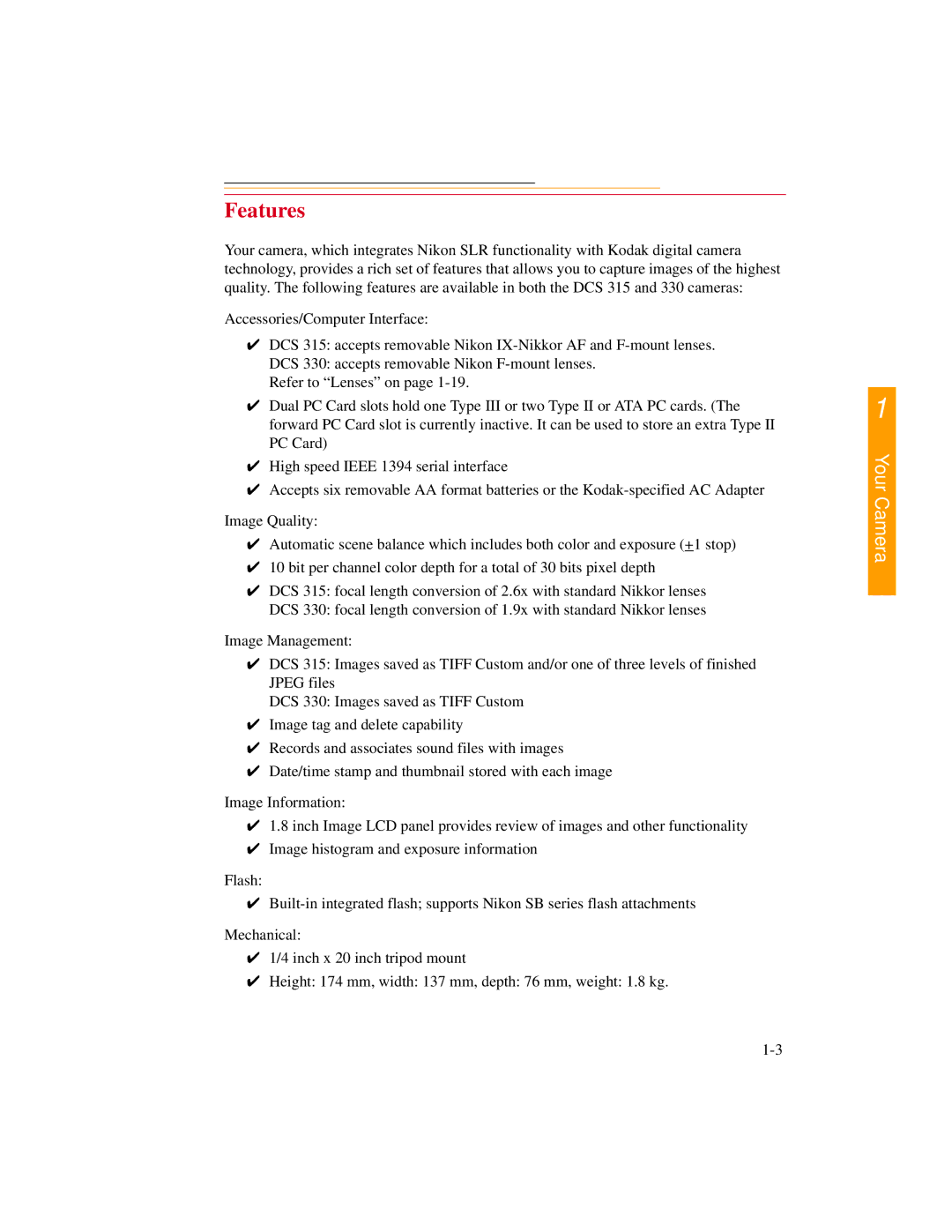 Kodak DCS300 manual Features 