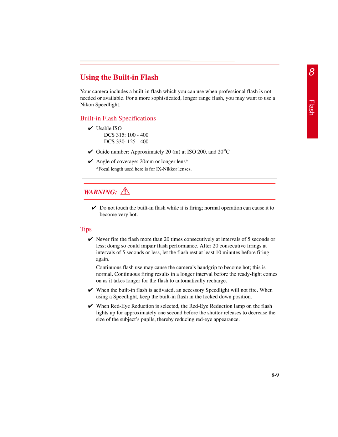 Kodak DCS300 manual Using the Built-in Flash, Built-in Flash Specifications 