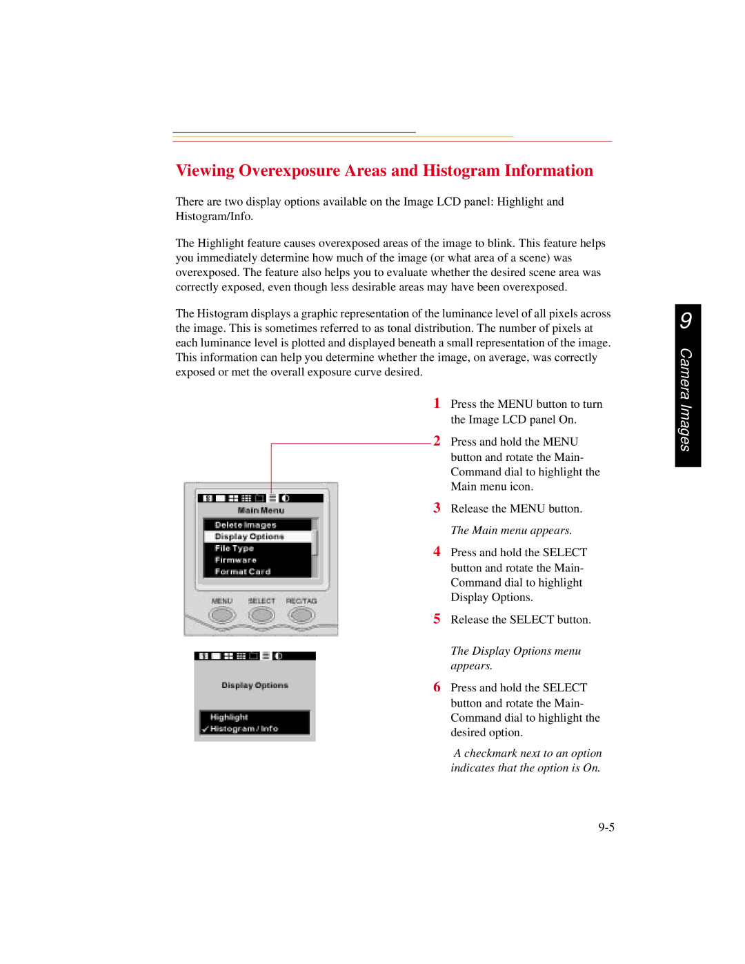 Kodak DCS300 manual Viewing Overexposure Areas and Histogram Information, Display Options menu appears 