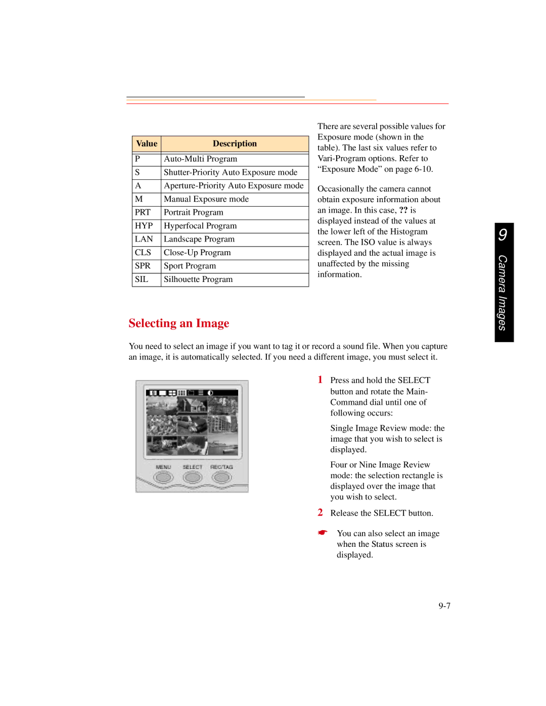 Kodak DCS300 manual Selecting an Image, Value Description 