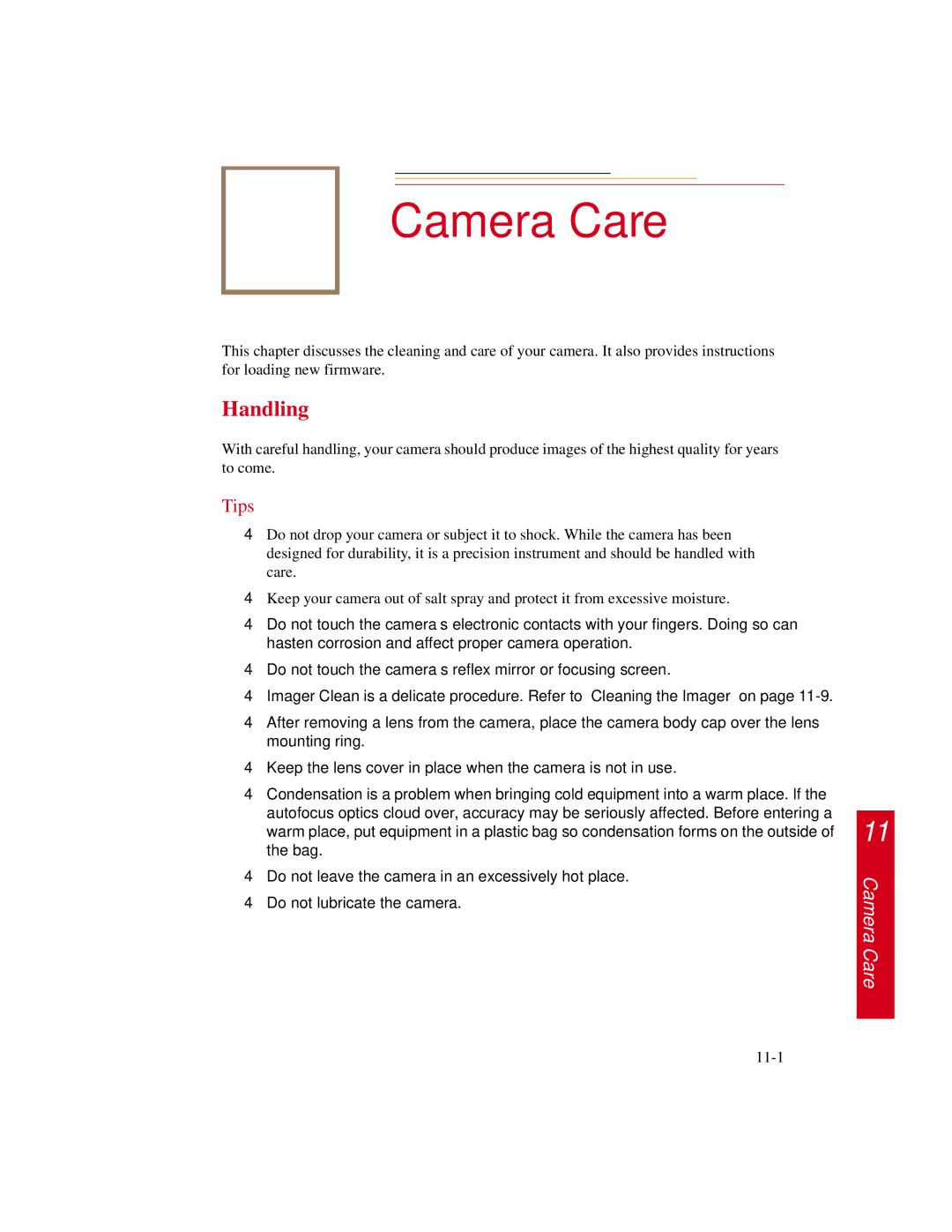 Kodak DCS300 manual Camera Care, Handling 