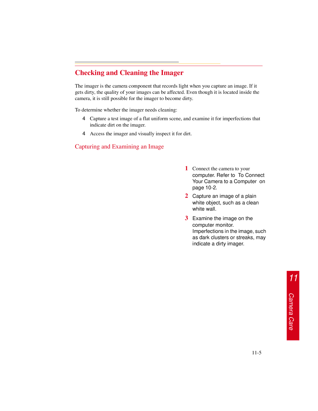 Kodak DCS300 manual Checking and Cleaning the Imager, Capturing and Examining an Image 