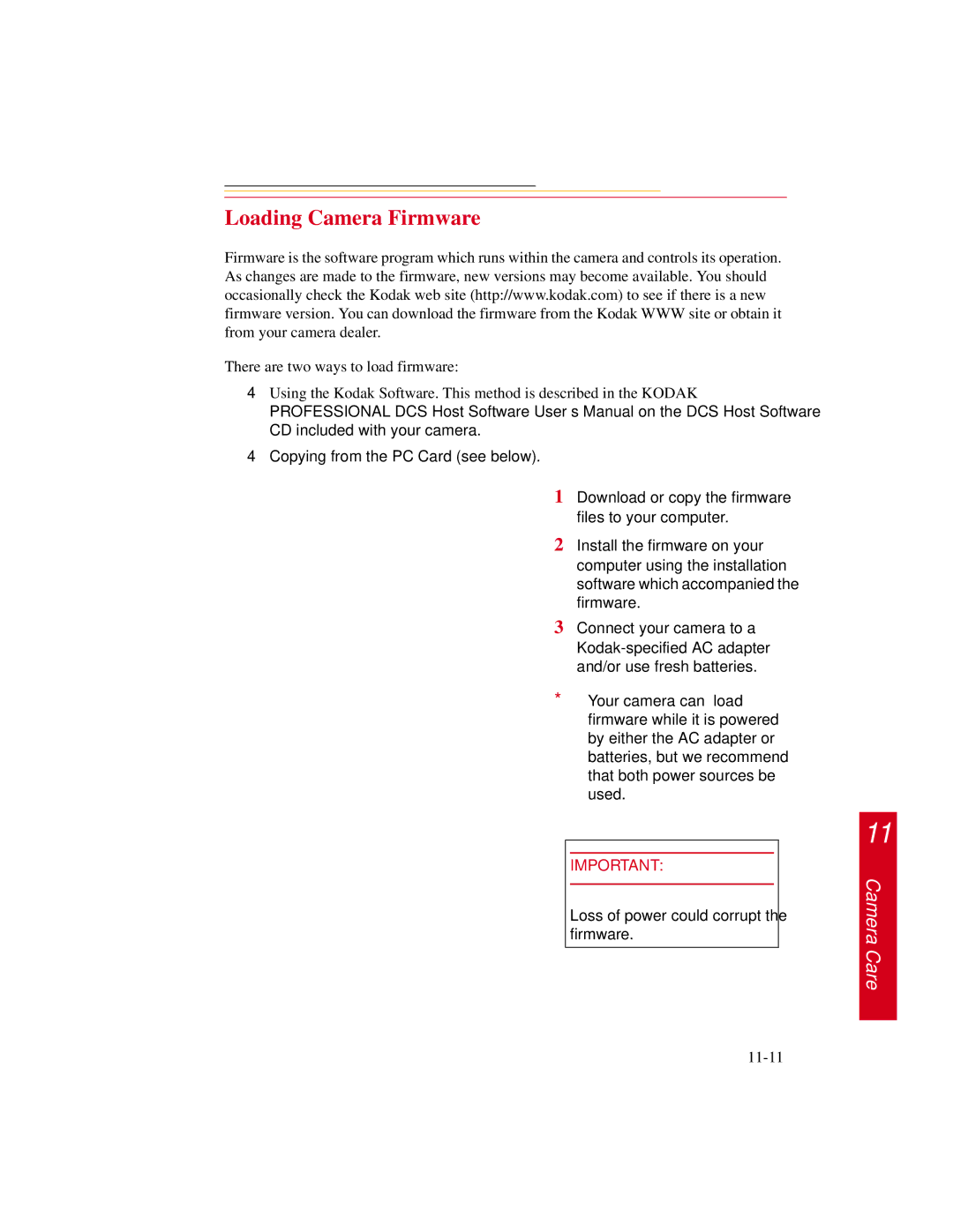 Kodak DCS300 manual Loading Camera Firmware, Loss of power could corrupt the firmware 