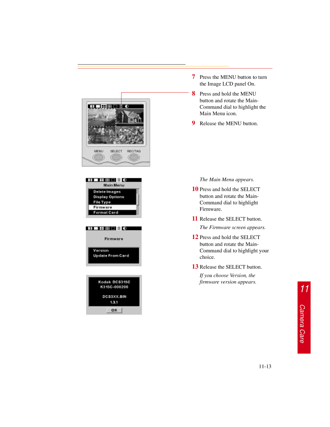 Kodak DCS300 manual Firmware screen appears, If you choose Version, the firmware version appears 