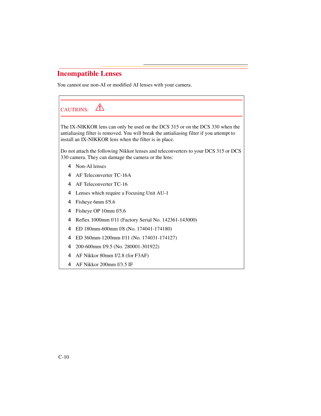 Kodak DCS300 manual Incompatible Lenses 