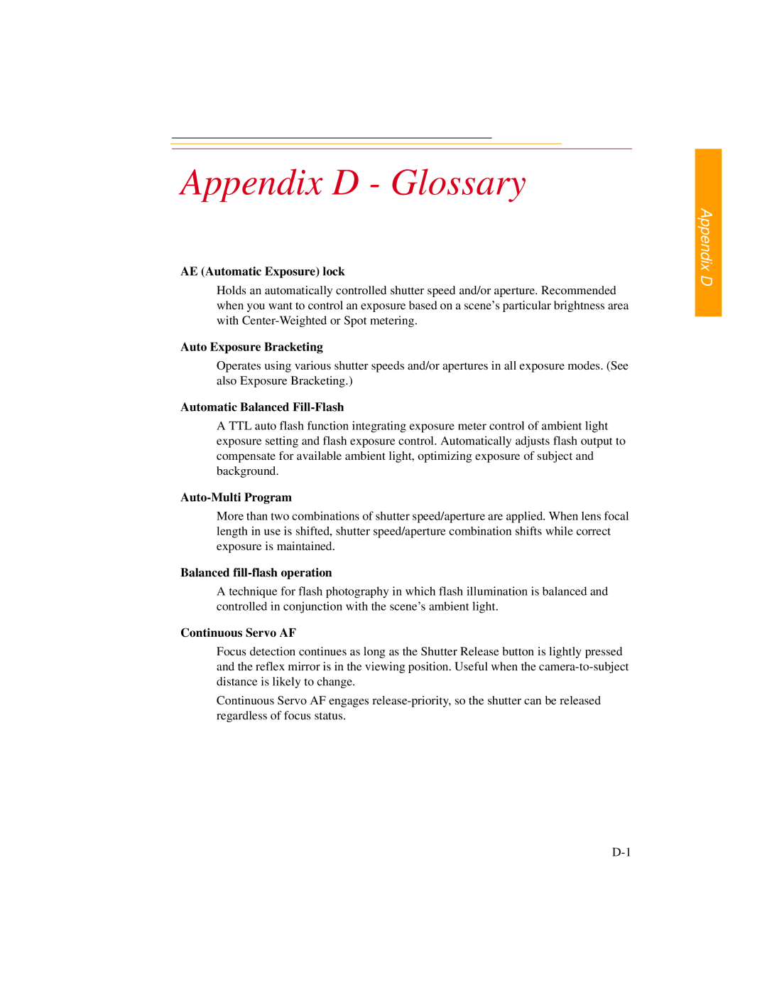 Kodak DCS300 manual Appendix D Glossary, AE Automatic Exposure lock 