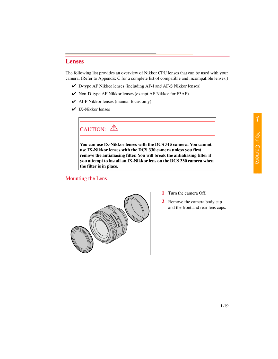 Kodak DCS300 manual Lenses, Mounting the Lens 