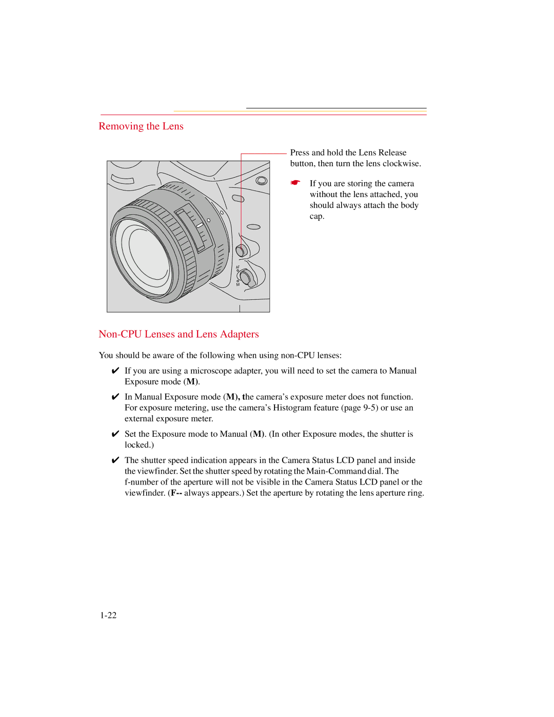 Kodak DCS300 manual Removing the Lens, Non-CPU Lenses and Lens Adapters 