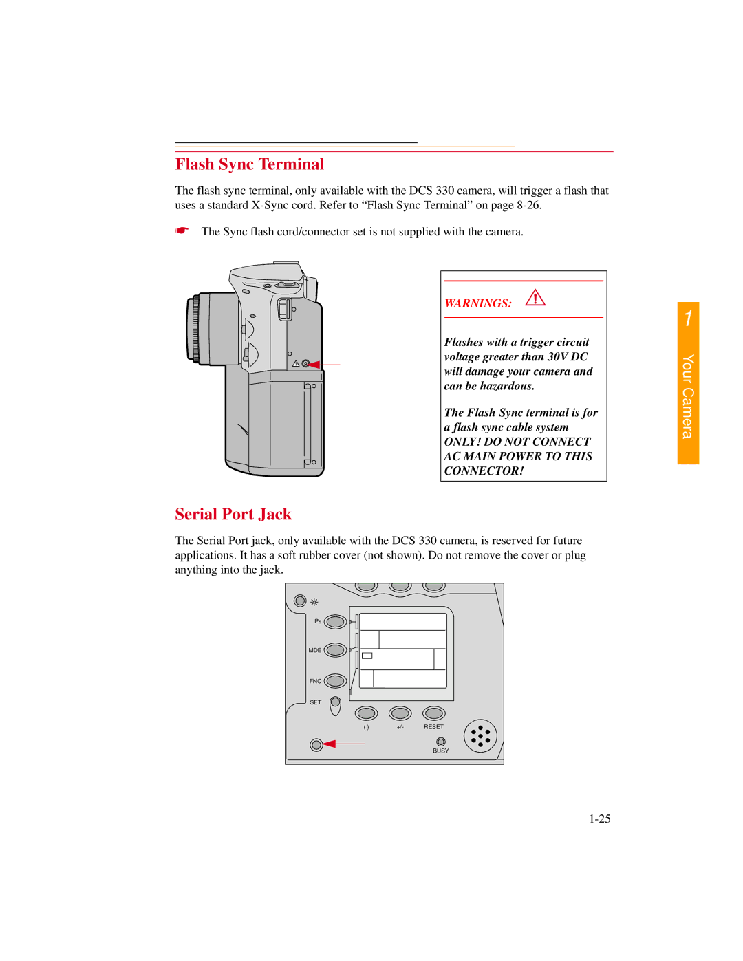 Kodak DCS300 manual Flash Sync Terminal, Serial Port Jack 