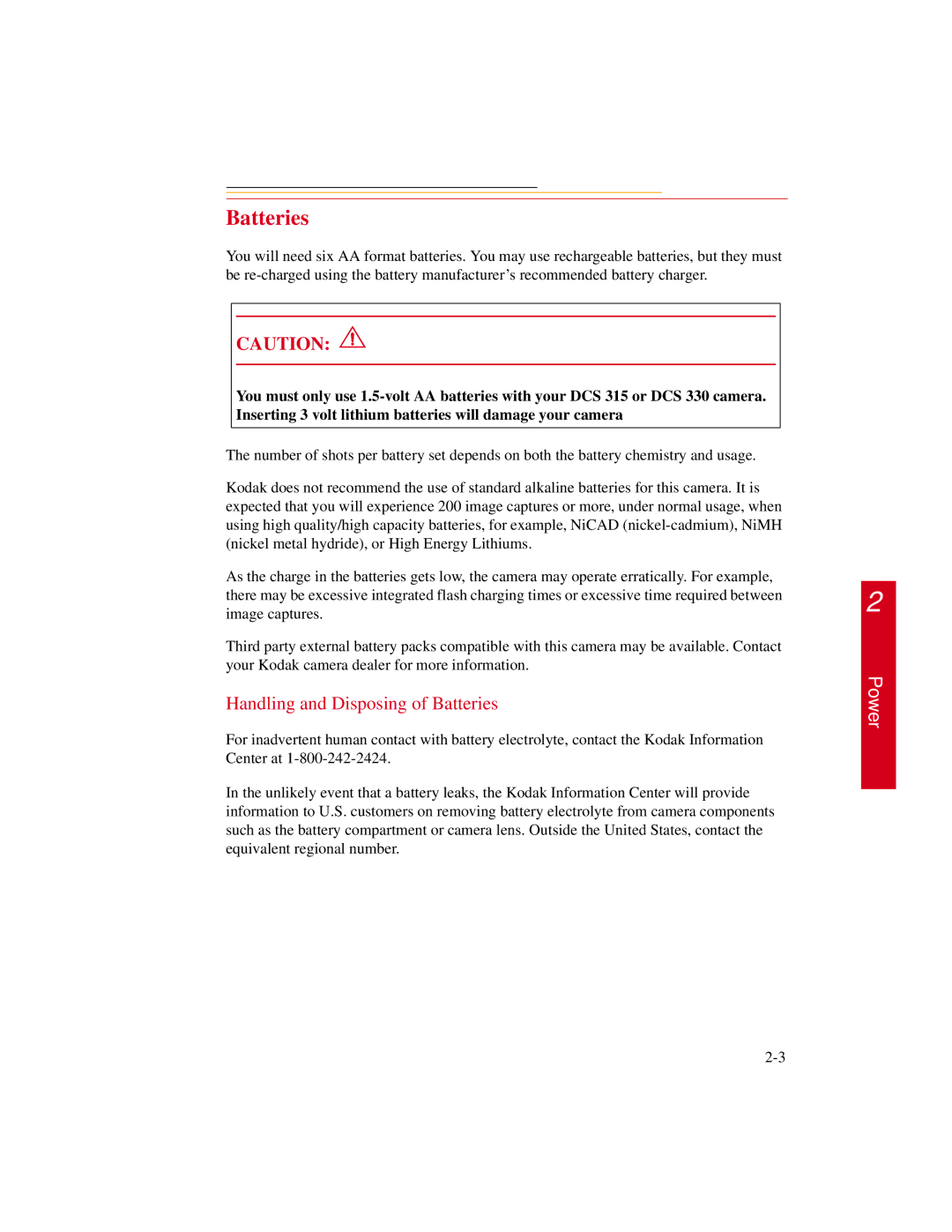 Kodak DCS300 manual Handling and Disposing of Batteries 