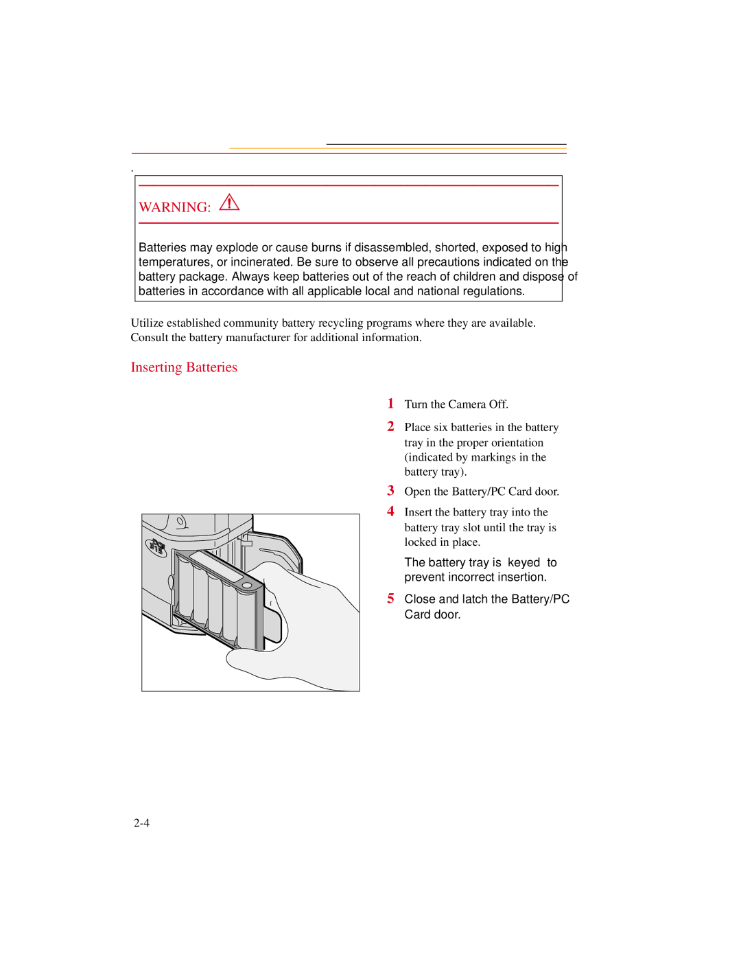 Kodak DCS300 manual Inserting Batteries 