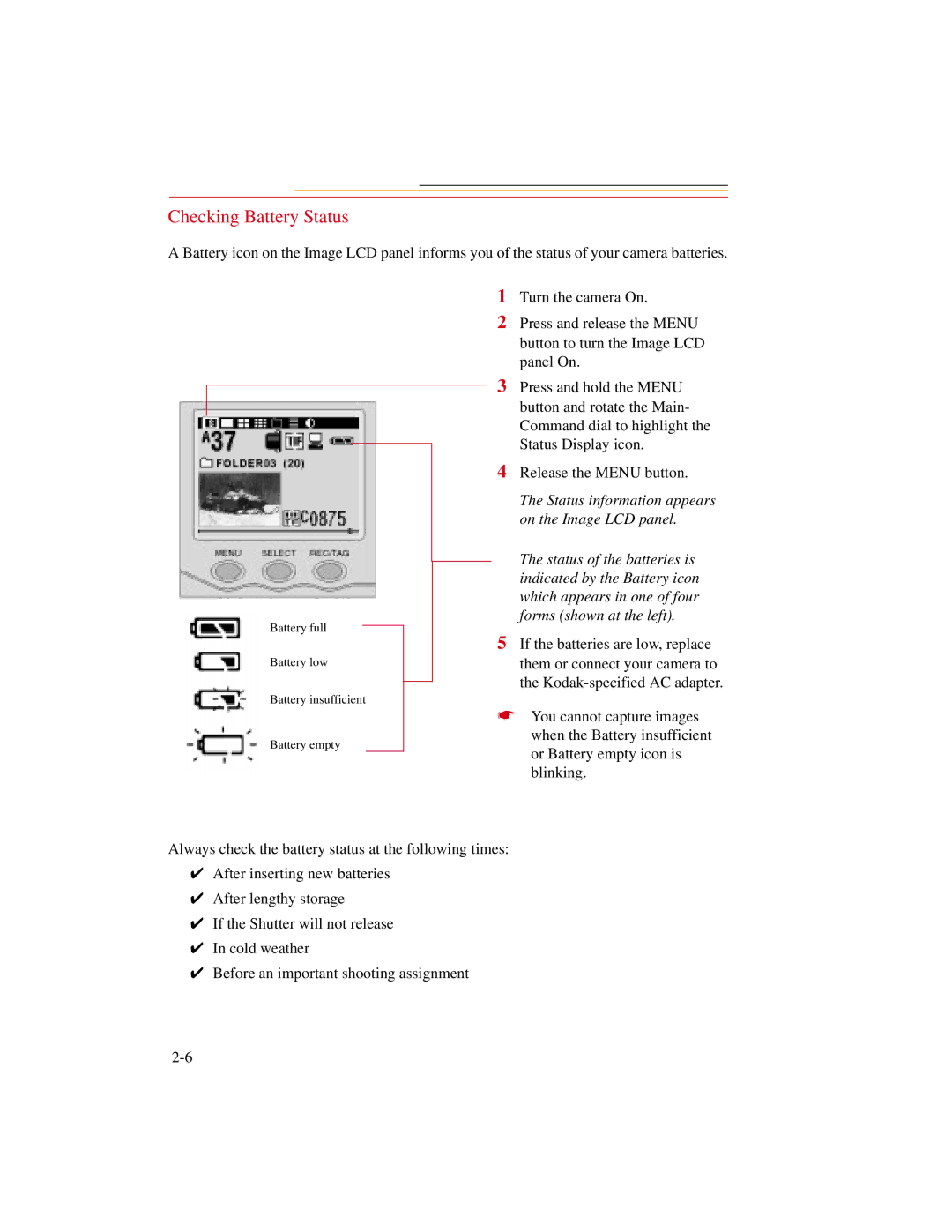 Kodak DCS300 manual Checking Battery Status 