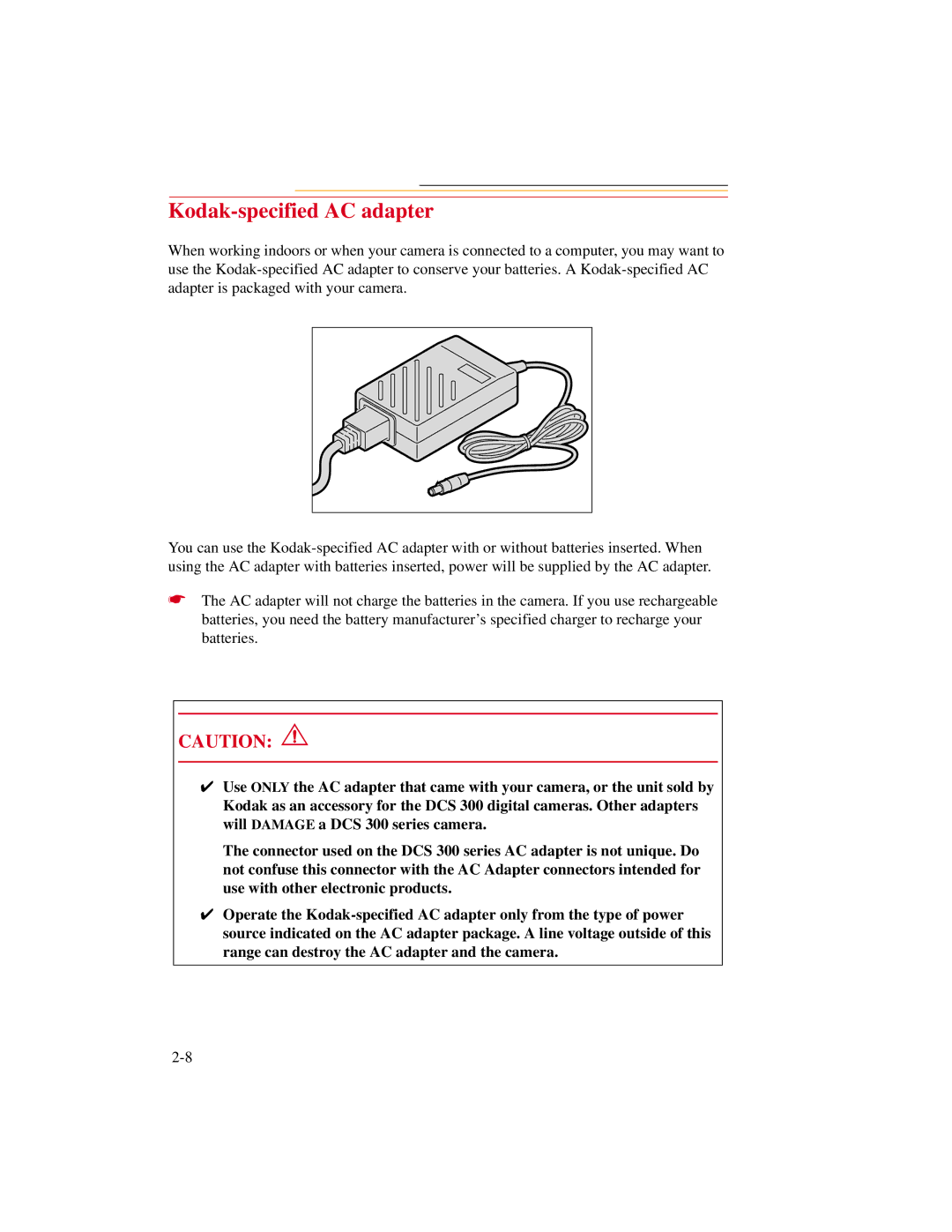 Kodak DCS300 manual Kodak-specified AC adapter 