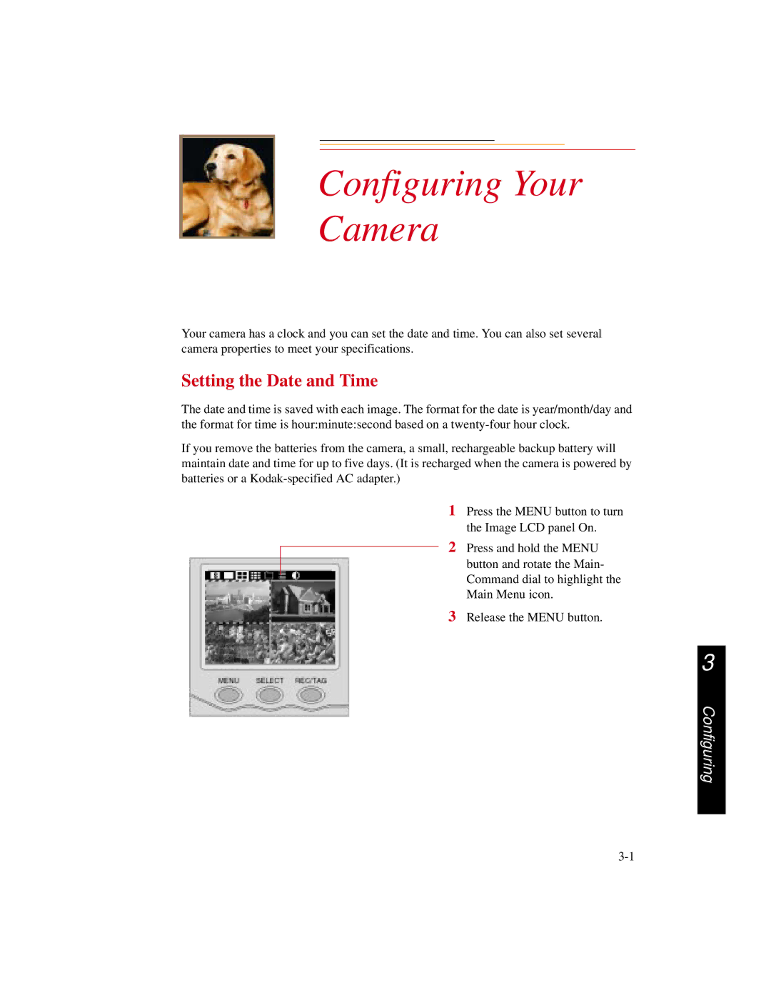 Kodak DCS300 manual Configuring Your Camera, Setting the Date and Time 