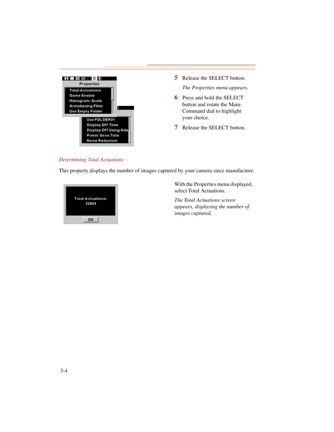 Kodak DCS300 manual Properties menu appears, Determining Total Actuations 