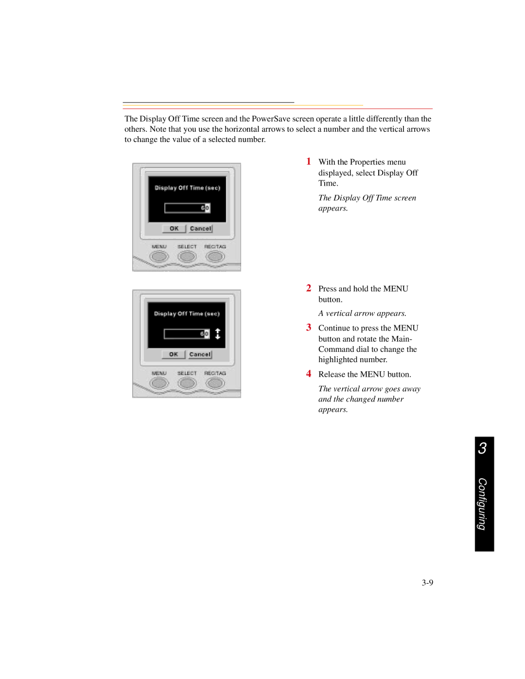 Kodak DCS300 manual Display Off Time screen appears, Vertical arrow appears 