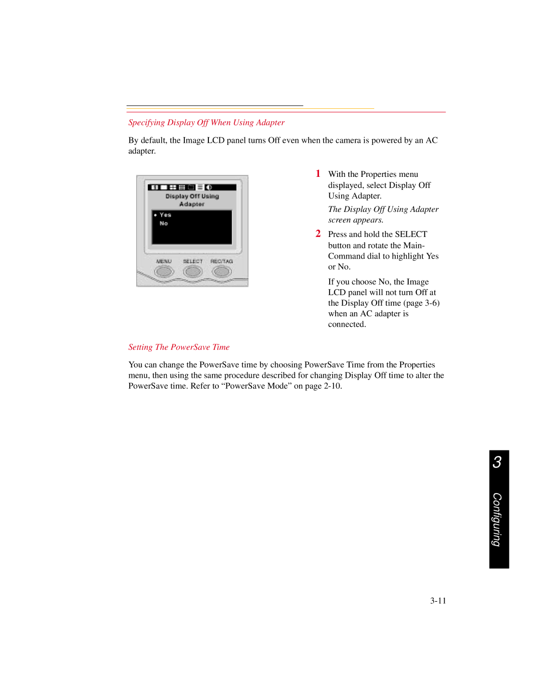 Kodak DCS300 manual Specifying Display Off When Using Adapter, Display Off Using Adapter screen appears 