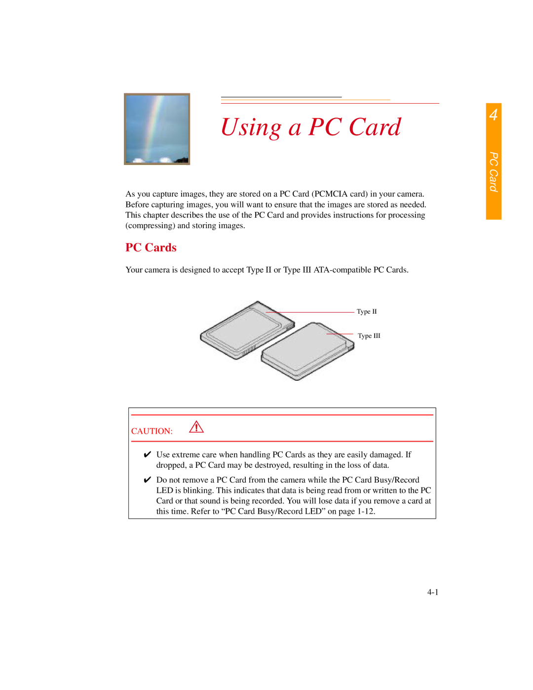 Kodak DCS300 manual Using a PC Card, PC Cards 