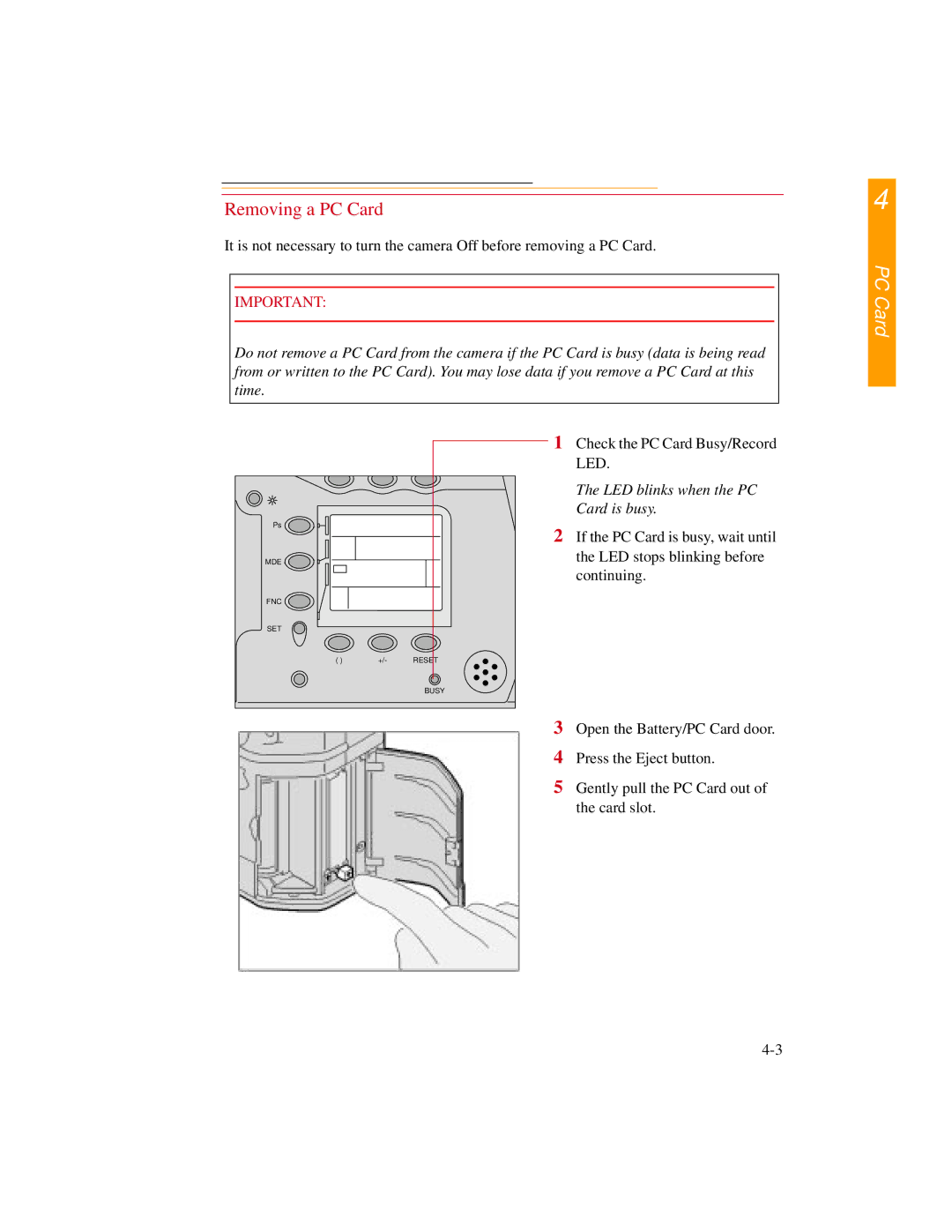 Kodak DCS300 manual Removing a PC Card, LED blinks when the PC Card is busy 