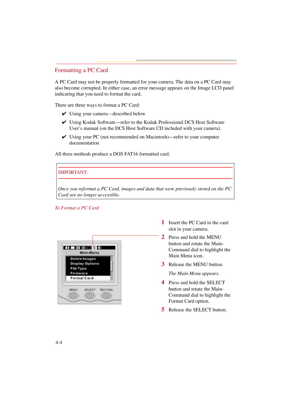 Kodak DCS300 manual Formatting a PC Card, To Format a PC Card 