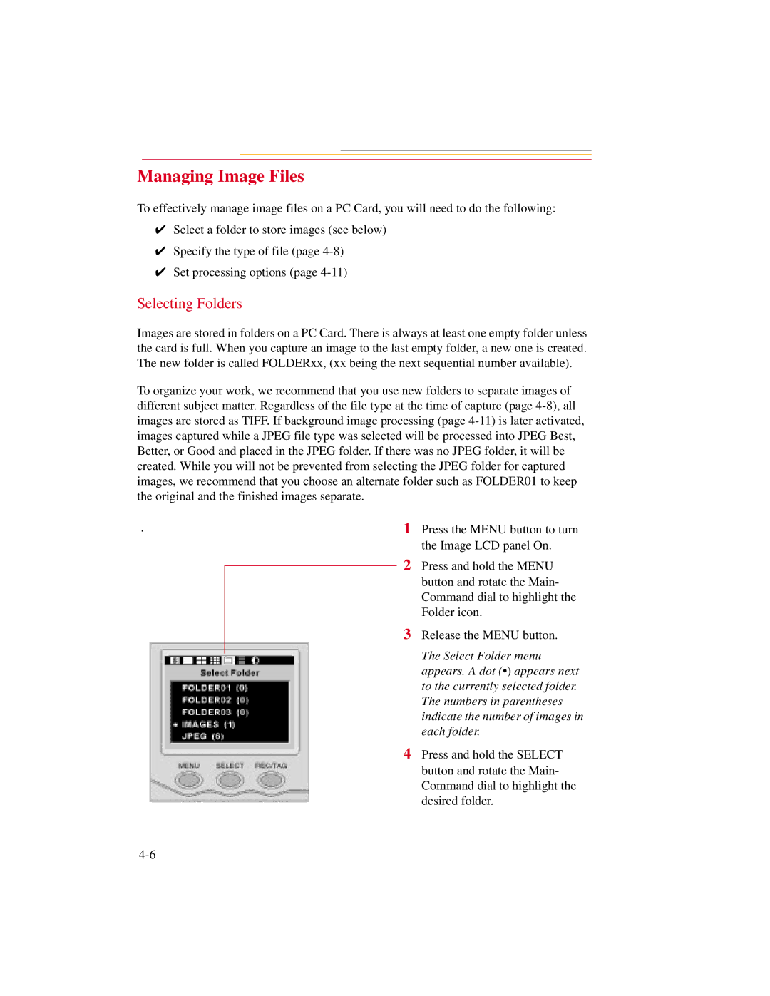 Kodak DCS300 manual Managing Image Files, Selecting Folders 