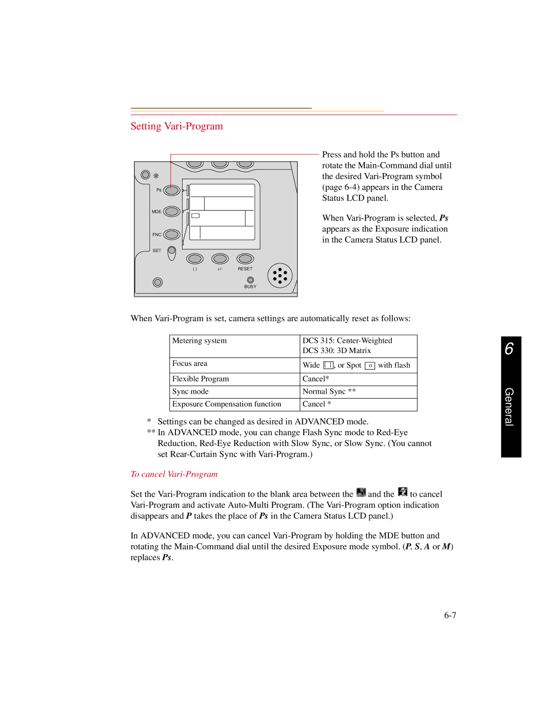 Kodak DCS300 manual Setting Vari-Program, To cancel Vari-Program 