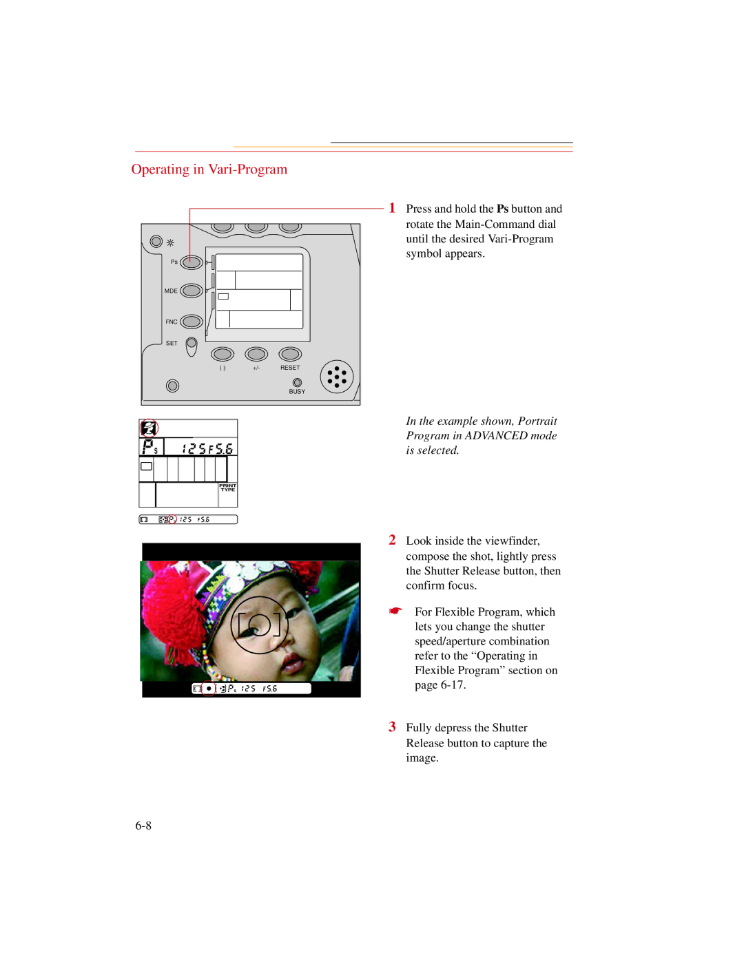 Kodak DCS300 manual Operating in Vari-Program, Example shown, Portrait Program in Advanced mode is selected 