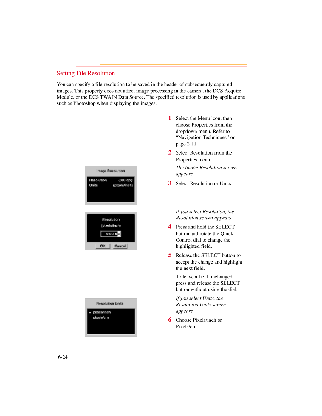 Kodak DCS500 Setting File Resolution, Image Resolution screen appears, If you select Resolution, Resolution screen appears 