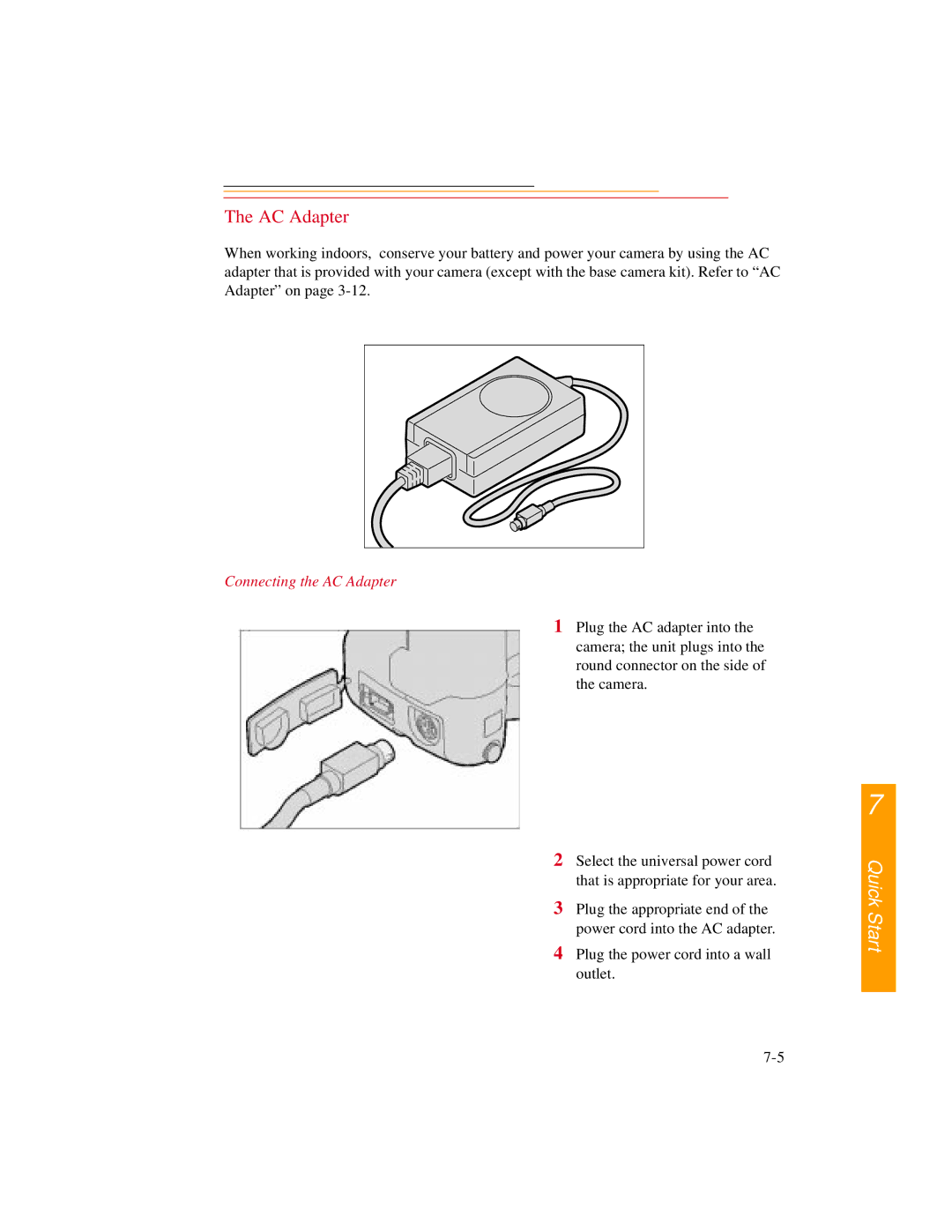 Kodak DCS500 manual Connecting the AC Adapter 