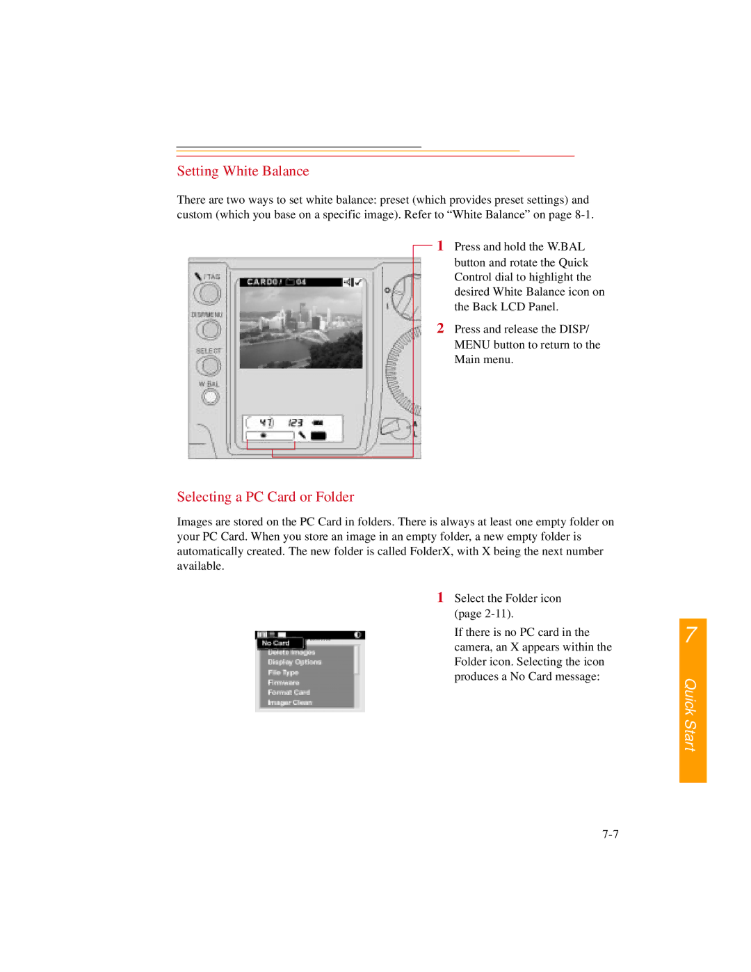 Kodak DCS500 manual Setting White Balance, Selecting a PC Card or Folder 