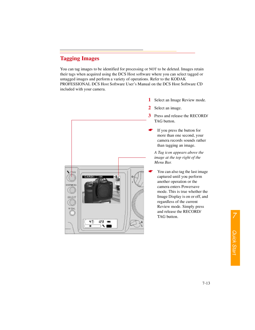 Kodak DCS500 manual Tagging Images, Tag icon appears above Image at the top right Menu Bar 