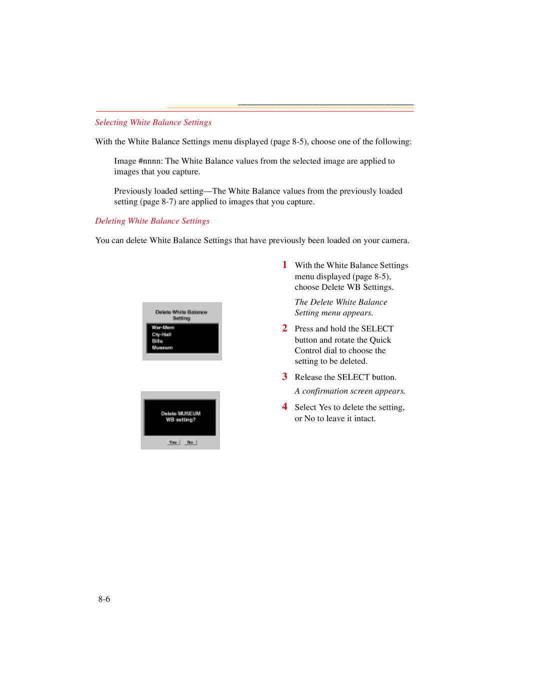 Kodak DCS500 Selecting White Balance Settings, Deleting White Balance Settings, Delete White Balance Setting menu appears 