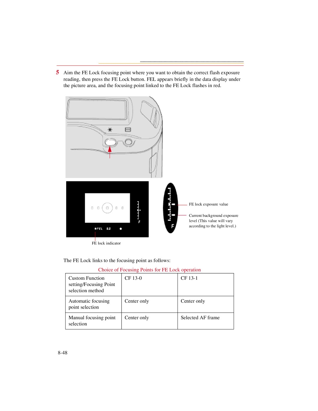 Kodak DCS500 manual Choice of Focusing Points for FE Lock operation 