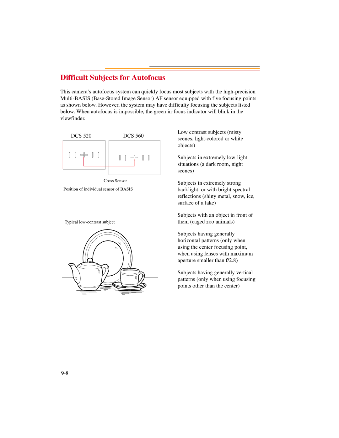 Kodak DCS500 manual Difficult Subjects for Autofocus 