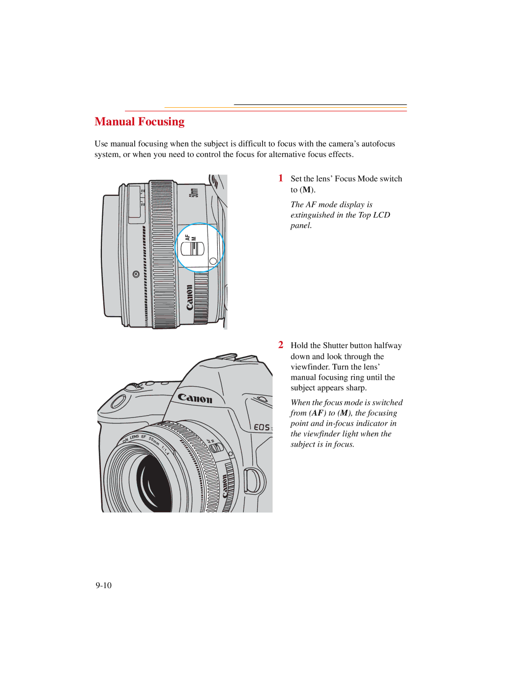 Kodak DCS500 manual Manual Focusing, AF mode display is extinguished in the Top LCD panel 