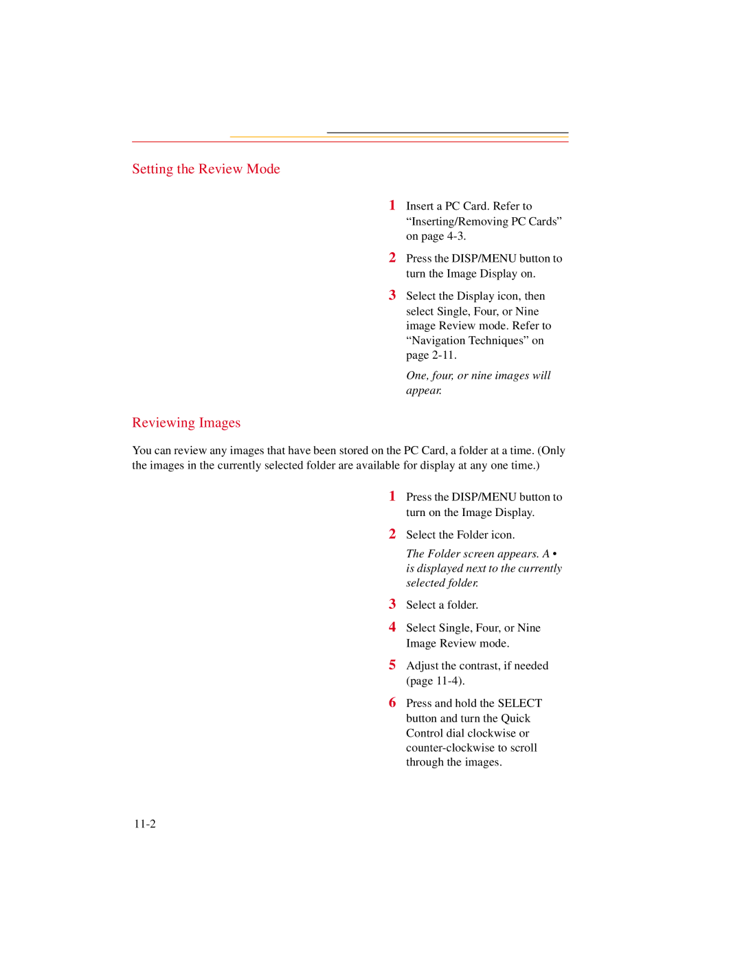 Kodak DCS500 manual Setting the Review Mode, Reviewing Images, One, four, or nine images will appear 