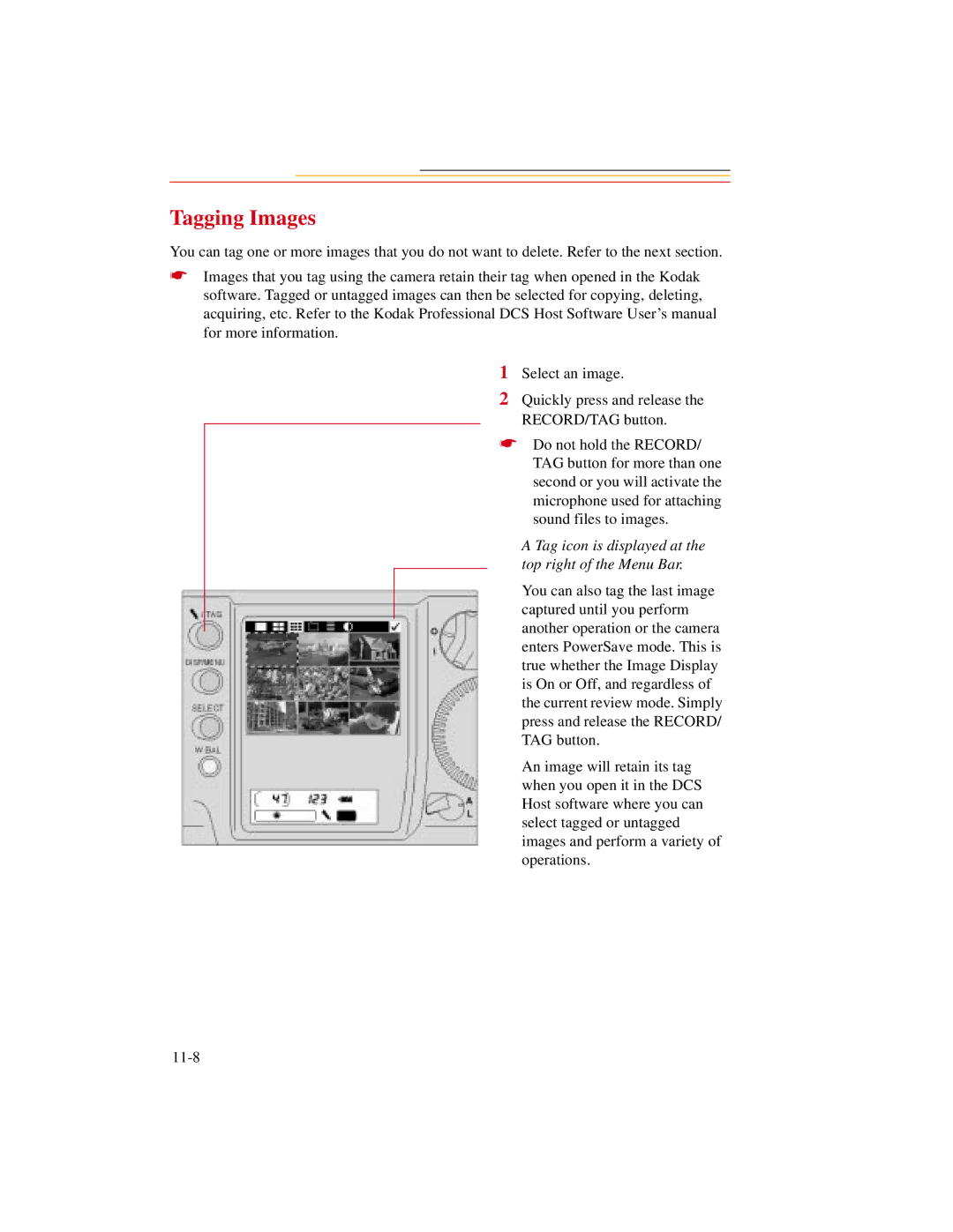 Kodak DCS500 manual Tagging Images, Tag icon is displayed at the top right of the Menu Bar 