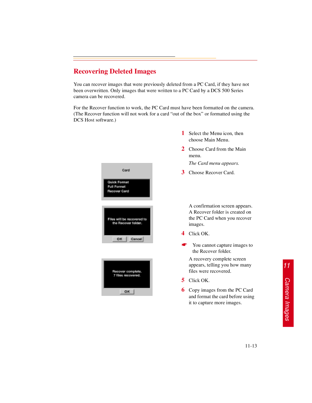 Kodak DCS500 manual Recovering Deleted Images, Card menu appears 