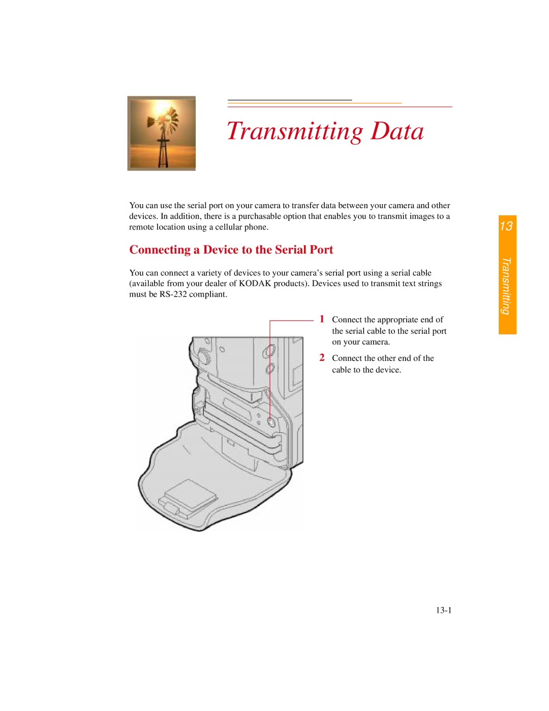 Kodak DCS500 manual Transmitting Data, Connecting a Device to the Serial Port 