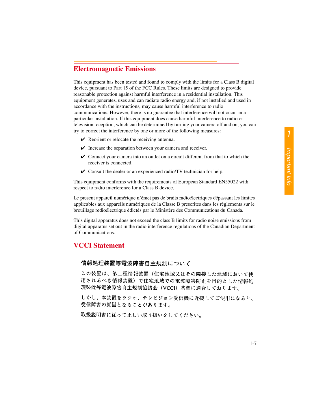 Kodak DCS500 manual Electromagnetic Emissions, Vcci Statement 