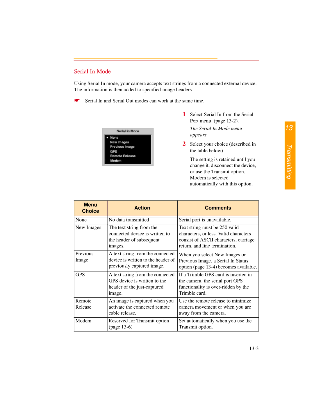 Kodak DCS500 manual Serial In Mode menu appears 