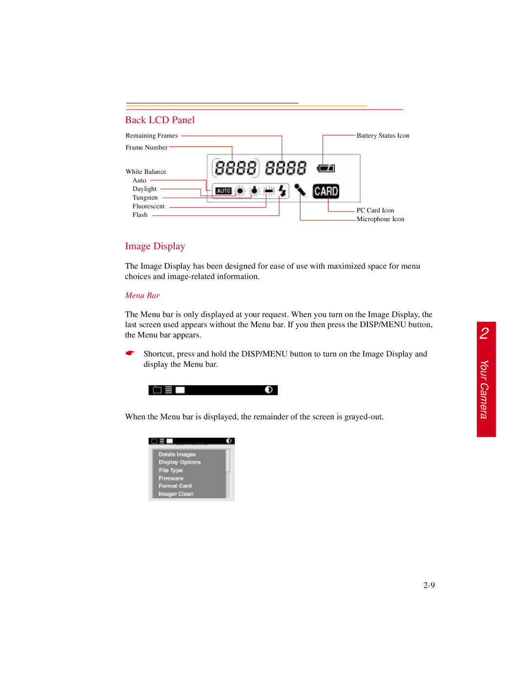 Kodak DCS500 manual Back LCD Panel, Image Display, Menu Bar 